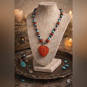 Carved Cinnabar & Turquoise Heart Necklace | Hand Engraved | Silver Floral Beads